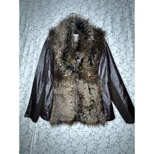 Cachè‎ Faux Fur Brown Faux Leather Jacket w/ Buttons | Tagged Size: Large